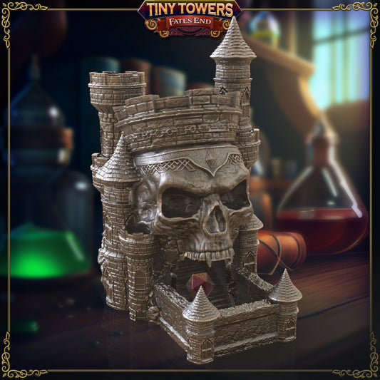 Chonky Skull Citadel Dice Tower featuring a large skull embedded in a castle structure, with towers and battlements surrounding it.