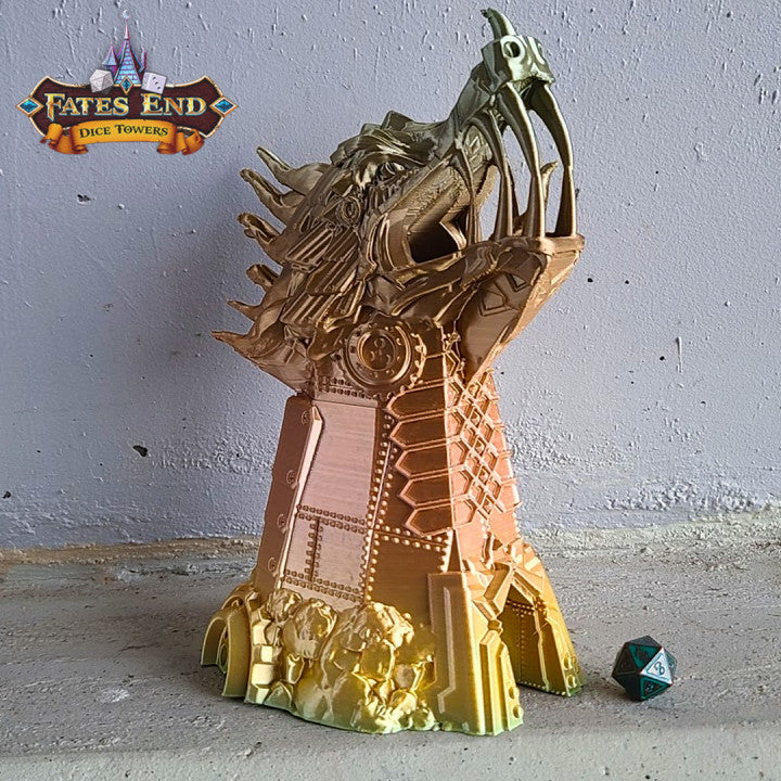 ClockWork Dice Tower showcasing a steampunk theme with detailed gears and a mechanical dragon head, perfect for enhancing tabletop RPG games with a unique, industrial style.