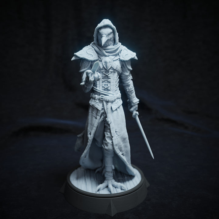 Full figure of Corvo Baltar, a kenku rogue, dressed in layered robes and gripping a dagger.