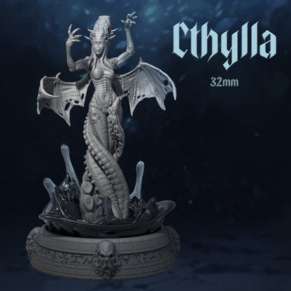 Cthylla, a female Cthulhu-inspired character, depicted with a serpentine lower body, bat-like wings, and multiple tentacles. She stands on a detailed base with eldritch motifs, exuding a terrifying and otherworldly presence.