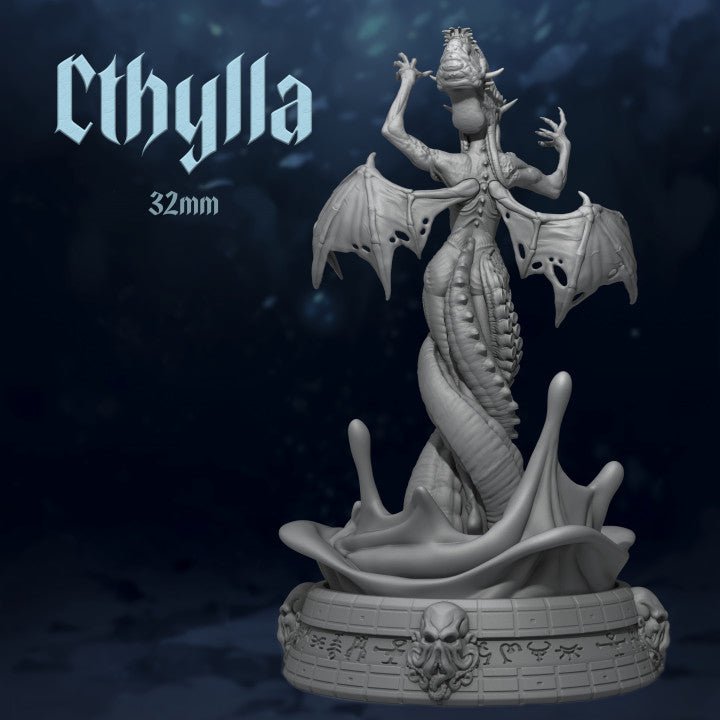 Cthylla, a female Cthulhu-like entity, showcasing her intricate tentacled form, bat-like wings, and a serpentine tail. The miniature is posed on a base with eldritch symbols, capturing a sense of dark mysticism in a fantasy setting.