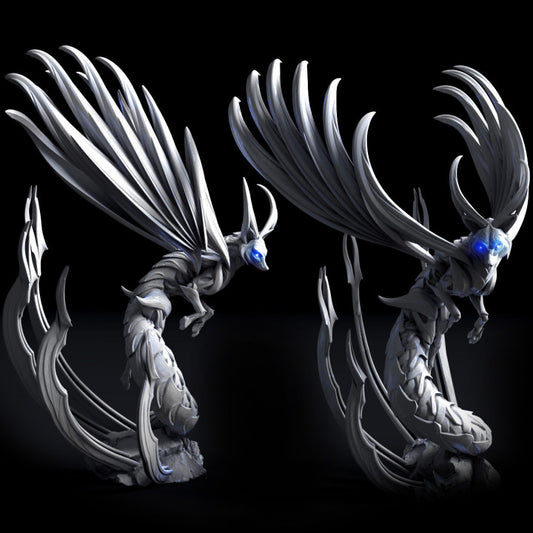 Side-by-side comparison of Jangling Curs with Pose 1 standing at 87mm and wings extended mid-flight, and Pose 2 crouched at 62mm in a ready stance, both mounted on rocky 25mm bases.