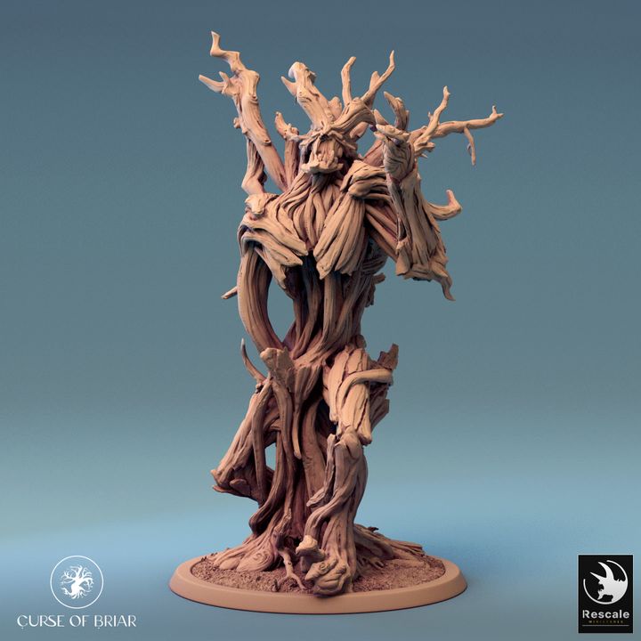 Lignar treant in Cry pose, with branches raised upward as if calling out, roots grounded firmly. The ancient, twisted wood texture is visible, ideal for nature-themed TTRPG settings.