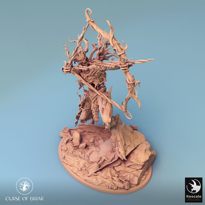 Twig Blight creature aiming a wooden bow, with vines extending from its limbs, ready to shoot. This treant-like figure appears aggressive, perfect for encounters in cursed forests within TTRPG games like Dungeons & Dragons.