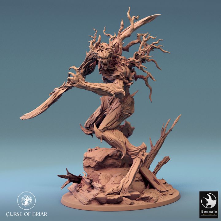 Twig Blight lunging forward with a spear in a thrusting motion, branches extending, as if attacking intruders. This pose enhances the character's offensive nature, fitting for dark woodland skirmishes in TTRPG campaigns.