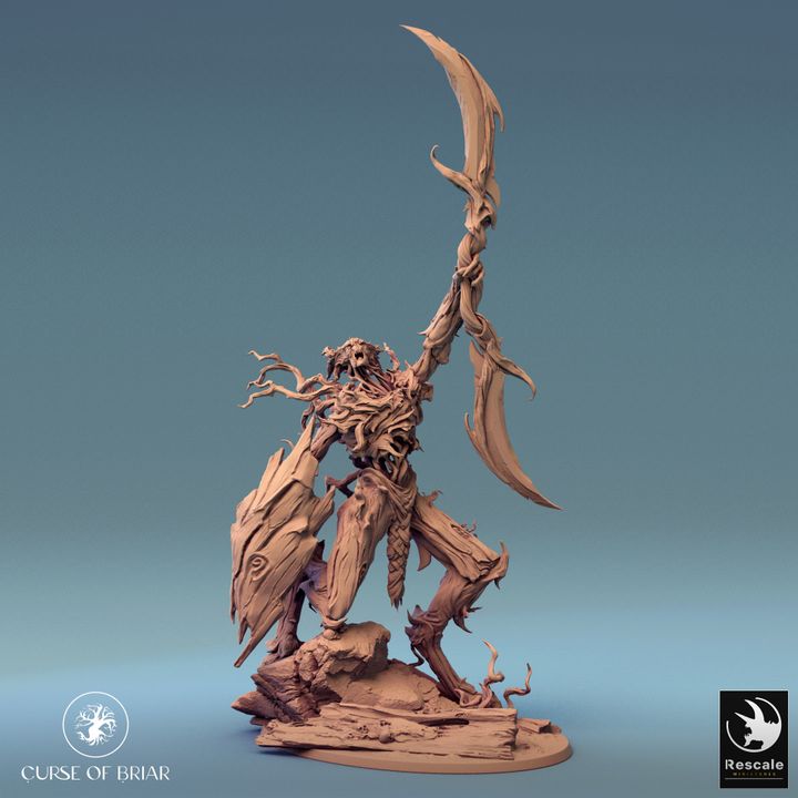 Twig Blight creature holding a spear, mouth open in a menacing cry, with vines entwining around its body. This stance captures a wild and threatening essence, suited for swamp or forest encounters in TTRPG scenarios.