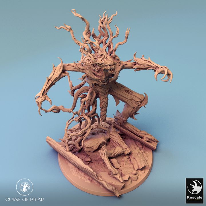 Twig Blight in a frenzied stance, limbs raised aggressively, with twisted branches and vines lashing out. This wild and chaotic pose embodies its untamed nature, adding an intense forest creature encounter to TTRPG adventures.