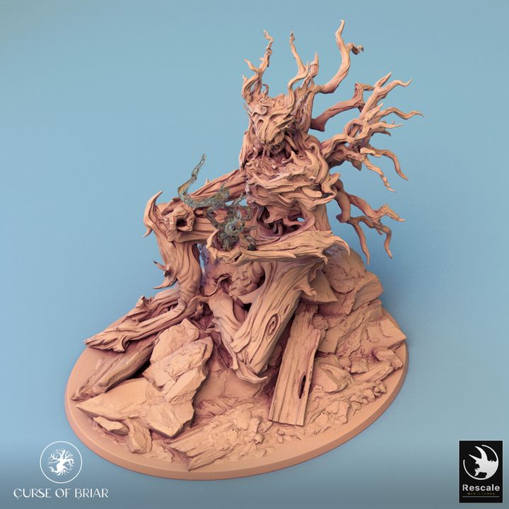 Twig Blight resting with branches folded inward, exuding an eerie tranquility as if drawing power from the forest. This calmer stance provides a different perspective of the creature, ideal for setting a mystical forest ambiance in role-playing game settings.