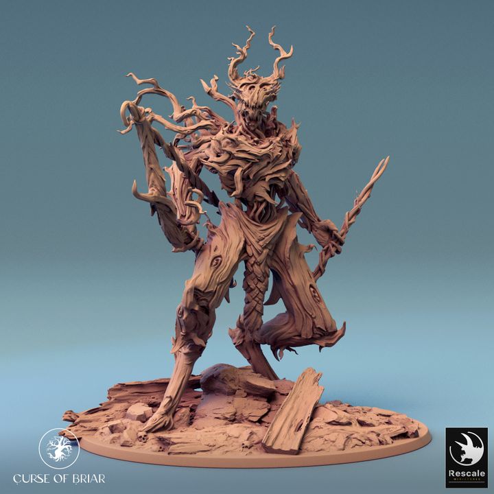 Twig Blight creature standing with a bow in hand, poised and vigilant, as if patrolling its territory. This stoic pose emphasizes the character's resilience and connection to the forest, ideal for ambush scenes in tabletop role-playing games.