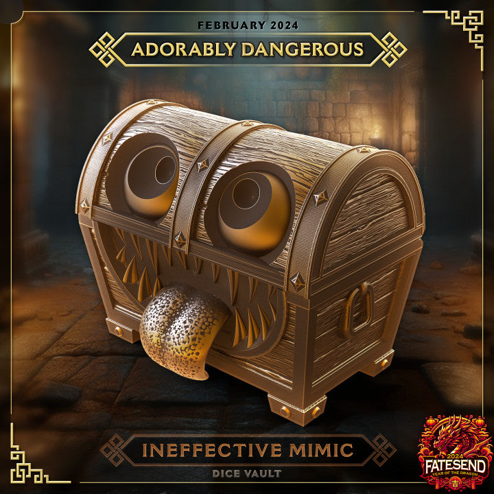 Cute Mimic Dice Vault shaped like a treasure chest with large, cartoon-like eyes and a tongue sticking out, set against a dungeon background.