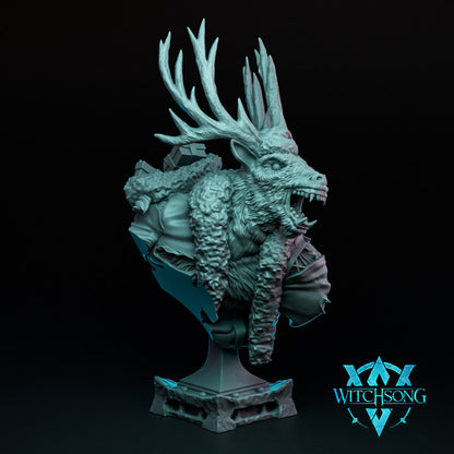 Bust of Dasher the Corrupted from Witchsong, showcasing the menacing head of a corrupted reindeer with sharp antlers, a snarling expression, and detailed fur.