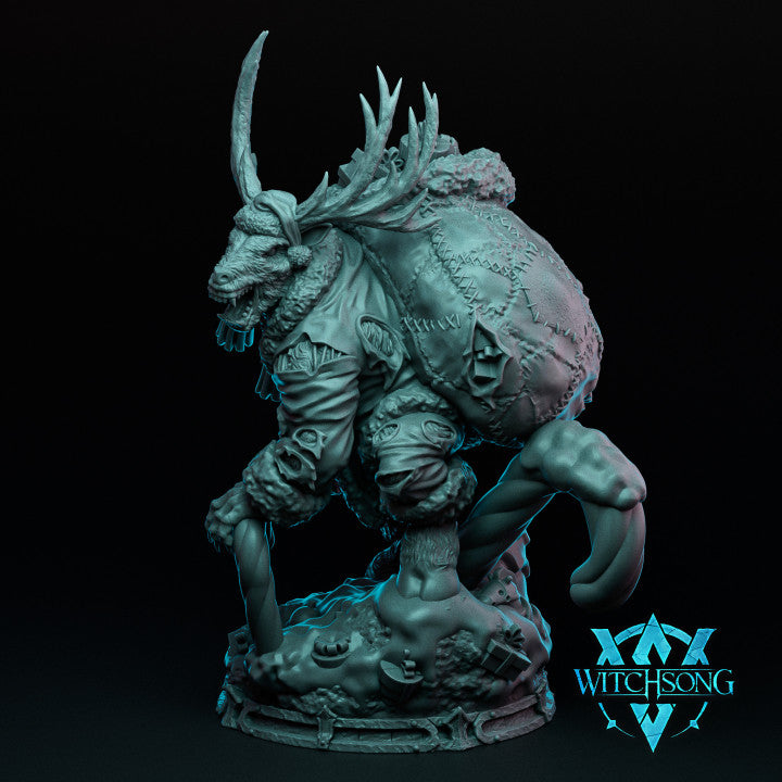 Full figure of Dasher the Corrupted from Witchsong, a mutated reindeer-like creature with patchwork clothes and santa sack, twisted antlers, and glowing eyes, posed on a snowy terrain base.