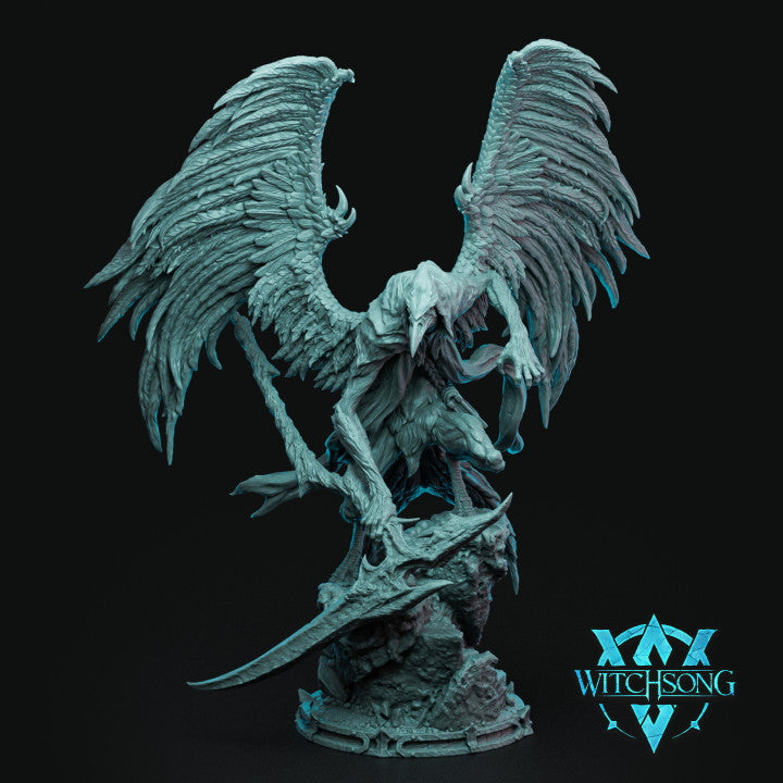 Miniature of Death, Life's End standing on a rocky base, a hooded figure with expansive wings and a scythe poised for action.