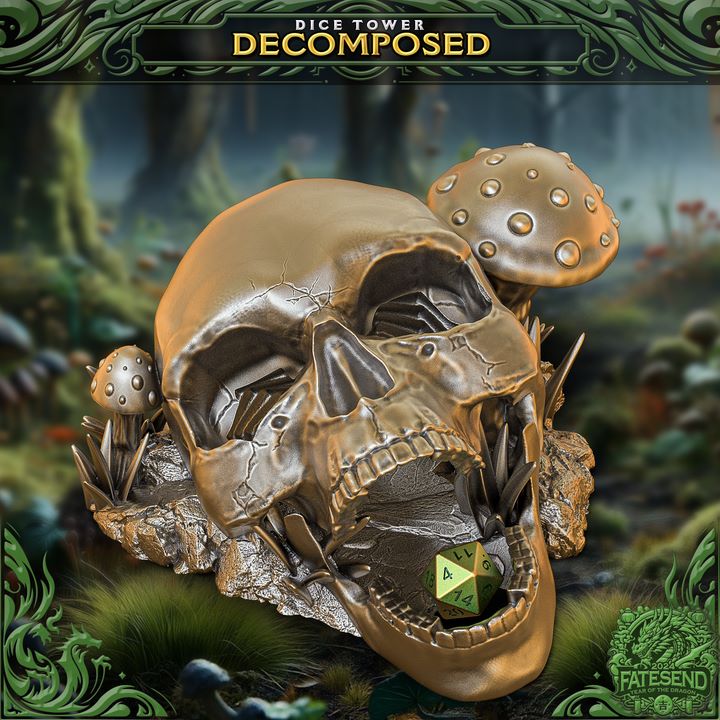 Decomposed Dice Tower featuring a skull with mushrooms growing from the base, with dice rolling through the open mouth. Perfect for use in fantasy RPGs like Dungeons and Dragons or Pathfinder.