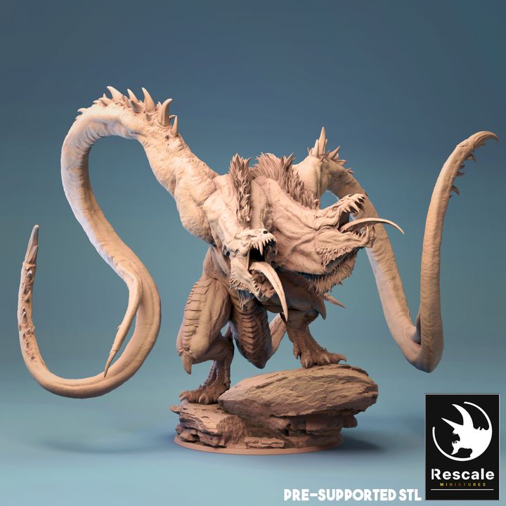 A highly detailed 3D print of the Demogorgon, featuring two menacing heads, long tentacle-like arms, and a monstrous stance. Ideal for use in tabletop RPGs such as Dungeons & Dragons, Pathfinder, and Warhammer, this miniature embodies the chaotic power of the Abyss.