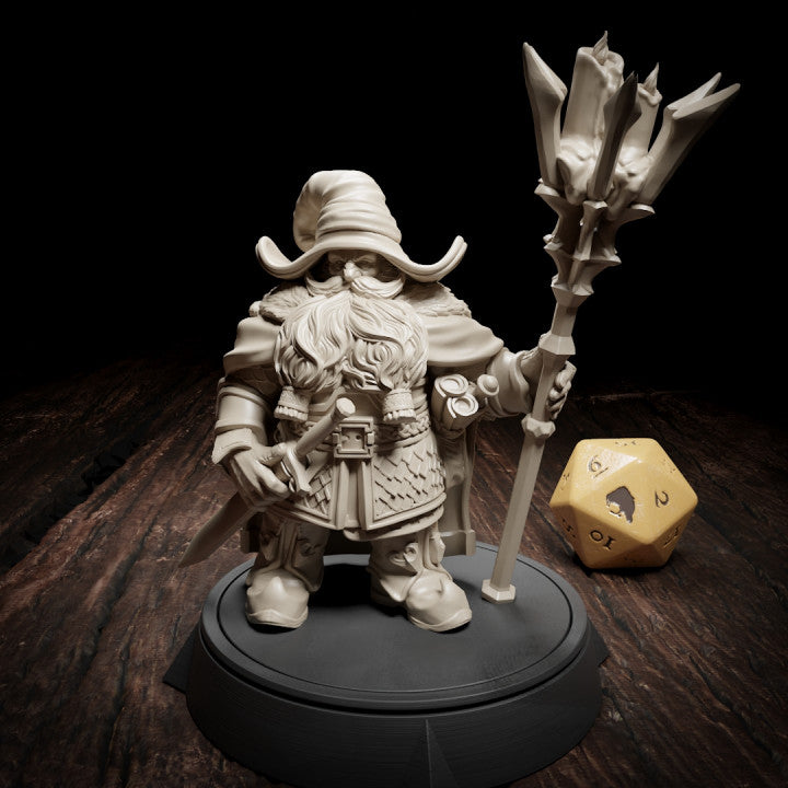 Deron Kohzar, the dwarf wizard, stands confidently holding a large, intricately carved staff. His thick beard flows beneath his brimmed wizard hat, and he wears ornate armor adorned with pouches and spell scrolls, ready to conjure magic in any fantasy TTRPG campaign like D&D or Pathfinder.