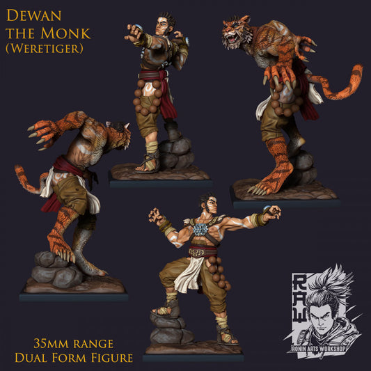 Collage of Dewan the monk standing in a martial arts stance on a rocky base.