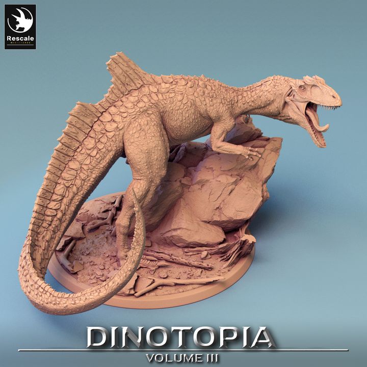 Concavenator dinosaur miniature in a dynamic pose, standing on a rocky base, side view.