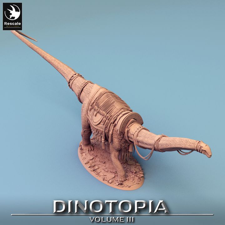 Diplodocus figurine with caravan structure on its back, showcasing detailed wooden and fabric components.