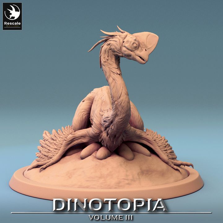 Oviraptor figurine resting over its brood of eggs, ideal for fantasy tabletop settings.