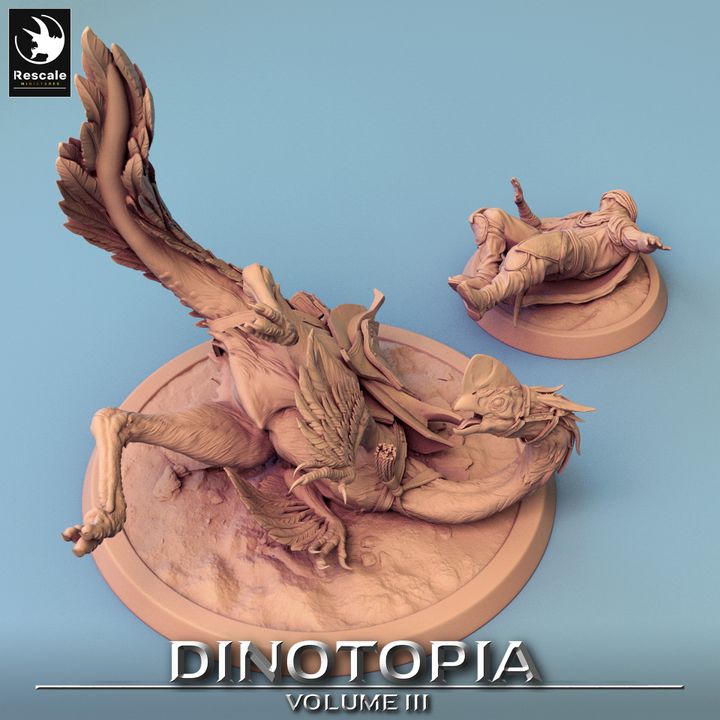 Top view of the oviraptor figurine and fallen rider in a dynamic pose, highlighting the dramatic fall.