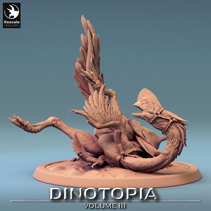 Side view of the oviraptor figurine mid-fall, showcasing the intricate feather detailing.