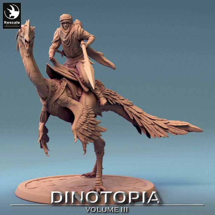 Rider on Oviraptor with full armor and spear.