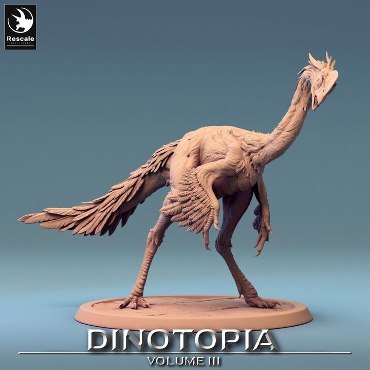 A large feathered oviraptor standing without a rider.