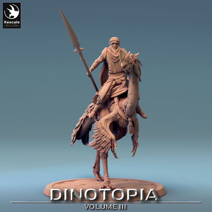 Rider atop an Oviraptor holding a spear, showcasing dynamic movement.