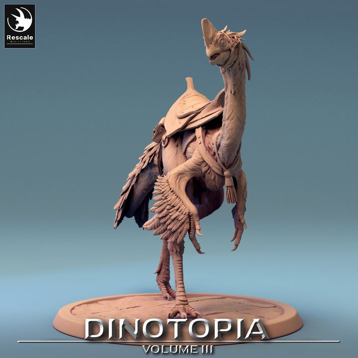 Rider atop an Oviraptor holding a spear, showcasing dynamic movement.