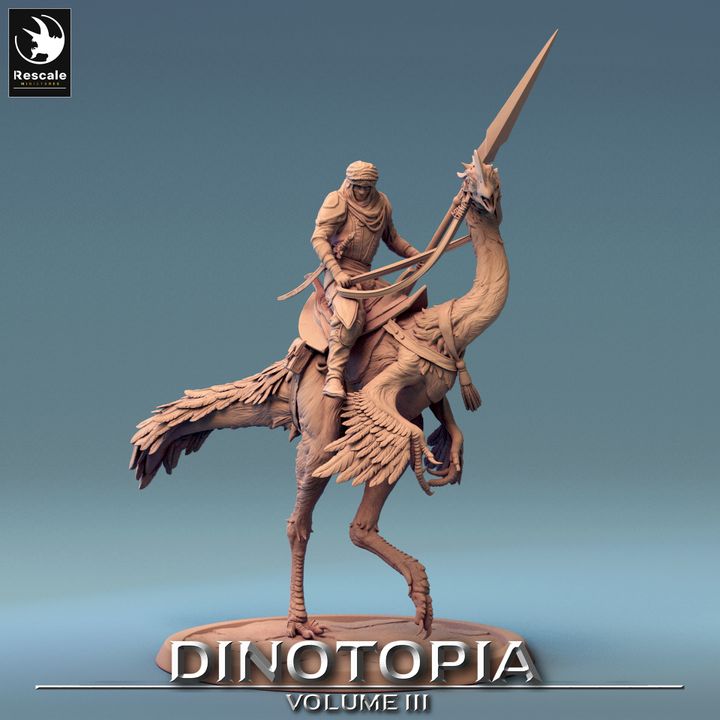 Oviraptor with a rider, wielding a spear, captured in a walking stance.