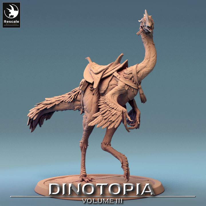 Oviraptor figurine with a saddle, depicted standing with its head lifted high.