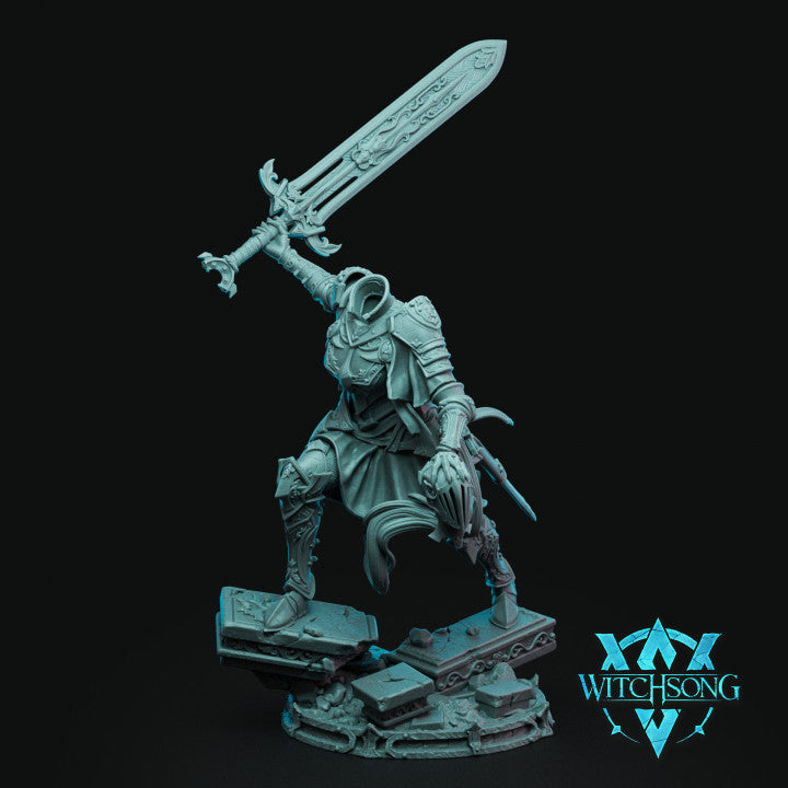 Full-body figure of Divine Dullahan, a headless warrior raising a large, engraved sword while standing on a rocky base.