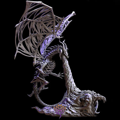 Dracolich miniature viewed from the side, showcasing its hollow ribcage, curved horns, and bony tail extending from the swirling energy.