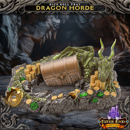 A dragon curled around a hoard of gold and gems with a treasure chest in the center, serving as a dice rolling tray.