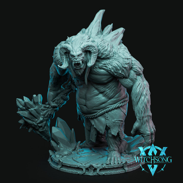 Full-body view of Dreadfrost Yeti holding an icy maul, standing on a snow-covered base in a fantasy miniature setting