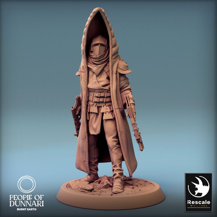 Razan Sandstorms figure standing upright, dressed in a long, hooded coat and layered armor, holding a rifle-like weapon, posed on a rocky terrain base.