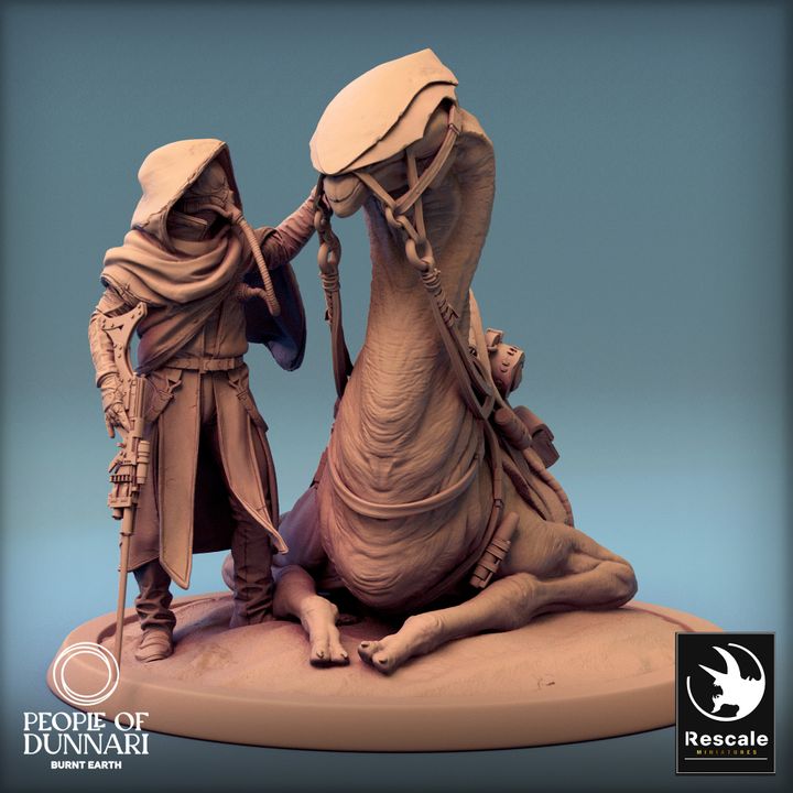 Sandstepper laying down with a cape-draped rider, a unique miniature suitable for storytelling in tabletop RPGs.