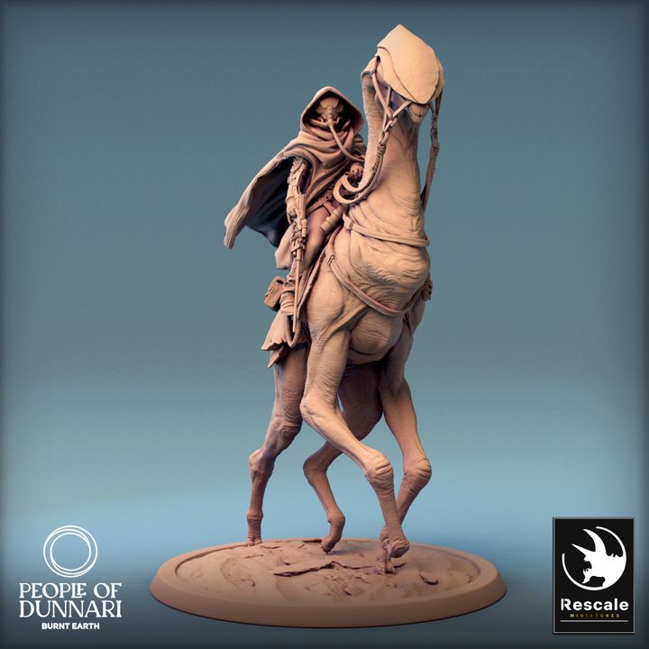 Sandstepper ridden by a cloaked figure, walking steadily, ready for an adventure across desert landscapes, perfect for sci-fi and fantasy RPGs.