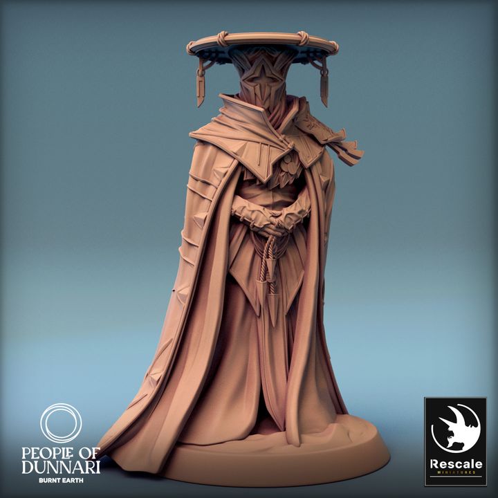 Sun Priest miniature in ornate robes, standing with hands clasped, wearing a detailed headdress. Suitable for desert-themed campaigns in TTRPG games like Dungeons and Dragons and Pathfinder.