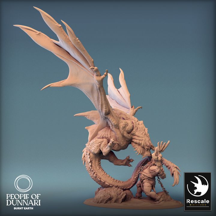 Sand Wyvern attacking, posed with wings spread and claws attacking an Ettin, flying over rocky terrain.