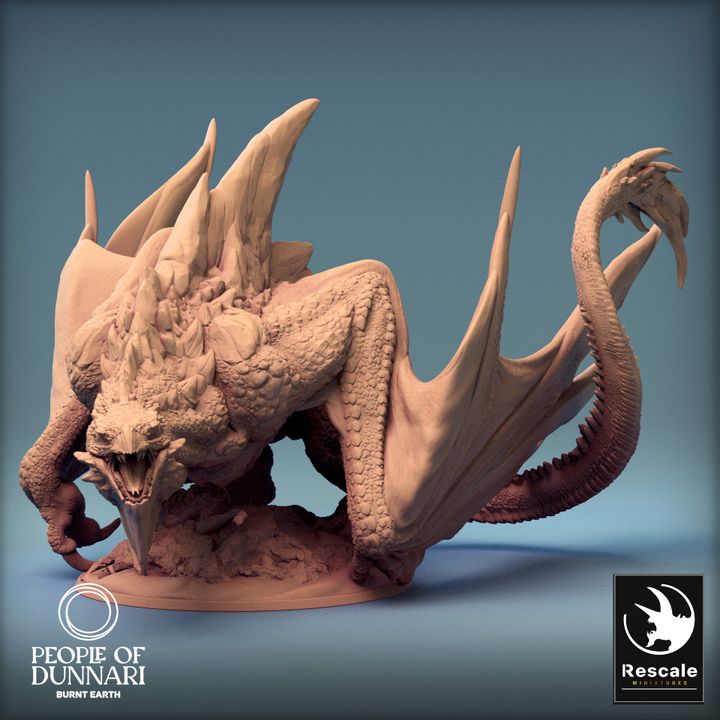 Sand Wyvern standing, posed with its wings folded and in a threatening stance, staring forward on a rugged base.