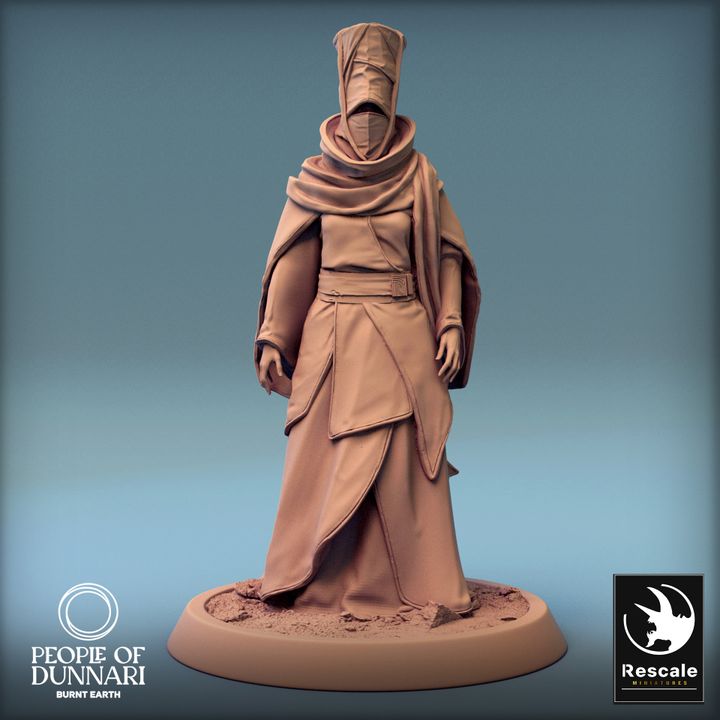 Al'Nur in a front-facing pose, hands by her side, wearing layered robes, with her face covered, from the People of Dunnari series.