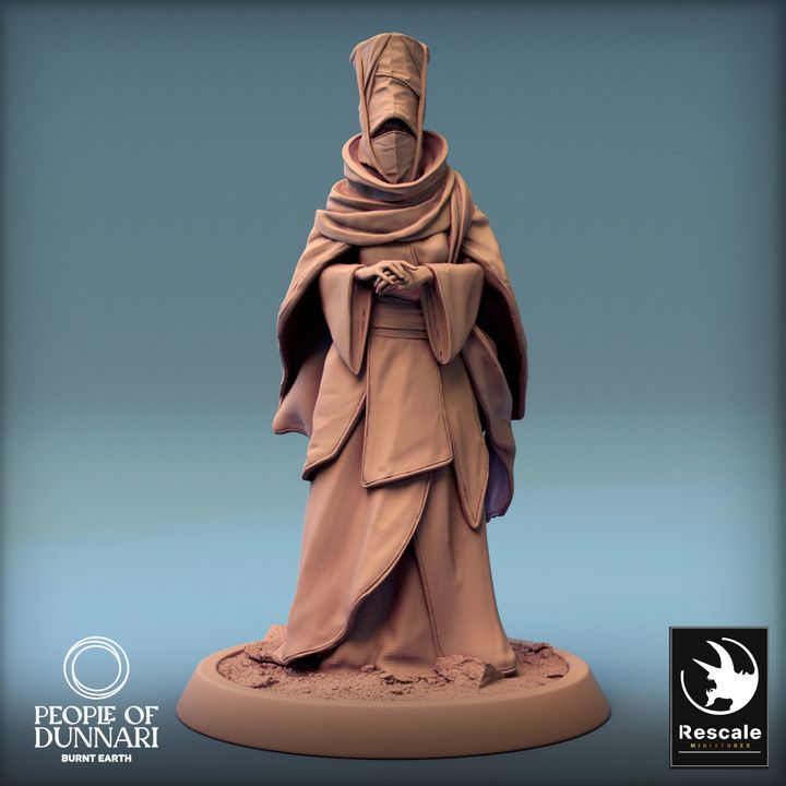 Zahra Al'Nur in a serene pose, hands clasped, fully robed, her face completely covered, with subtle desert-themed attire.