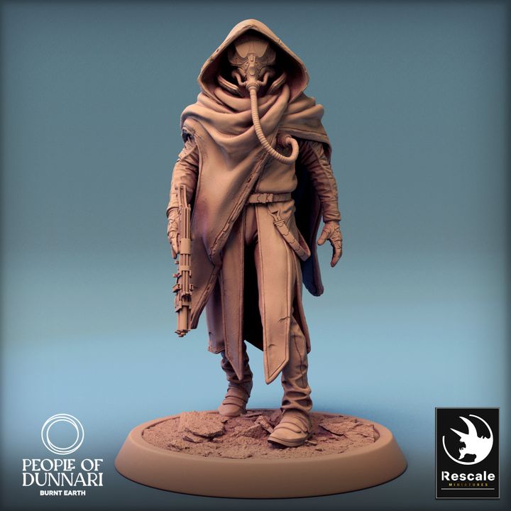 Zephyr Sandrider walking forward with a respirator and hooded cloak.