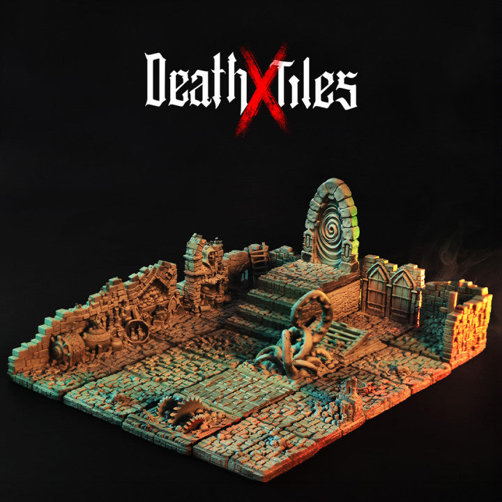 A complete dungeon setup featuring Death X Tiles with intricate details, including a spiral portal, staircases, and various traps.