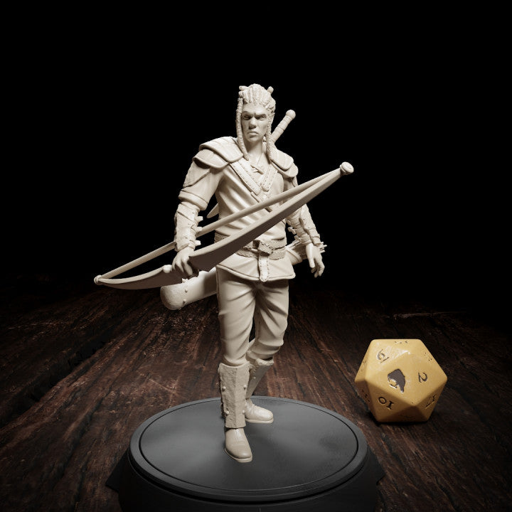 Eagon Milvenin miniature standing in a ready stance, longbow held across his chest, dressed in detailed adventurer's attire with a quiver on his back, perfect for TTRPG settings.