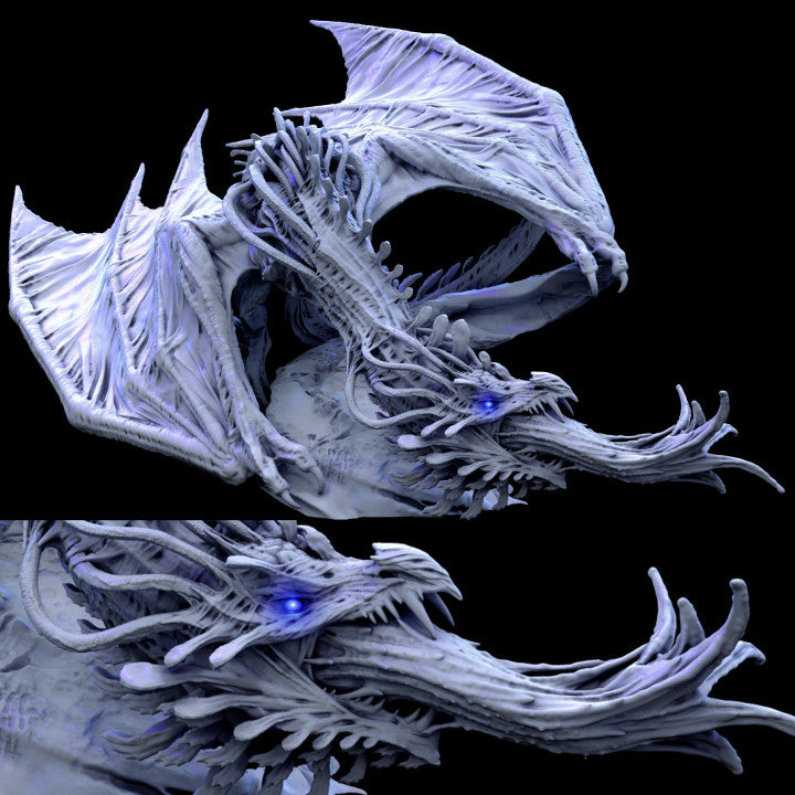 Detailed view of the Mind Thief Dragon's face, showcasing its grotesque tendrils and glowing eyes. 