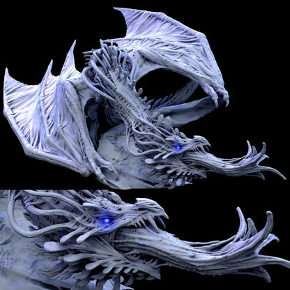 Detailed view of the Mind Thief Dragon's face, showcasing its grotesque tendrils and glowing eyes. 