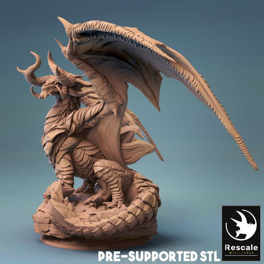 A detailed Elder Cloud Dragon miniature featuring intricate scales, large curled horns, and broad wings, perfect for enhancing fantasy tabletop RPGs and collections.